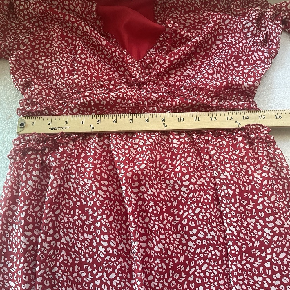 Red White Geometric Boho Dress Women XL Ruffles V Neck Chiffon Overlay Fairycore - Picture 7 of 11